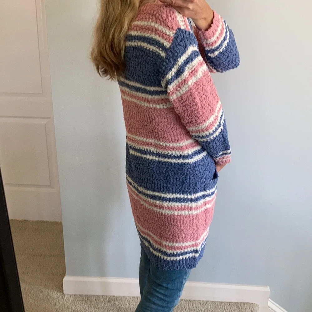 ink, Blue & Off White Stripe Popcorn Texture Open Cardigan - Picture 6 of 10